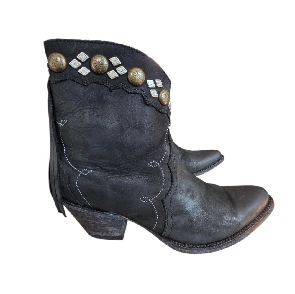 Yippee Ki Yay Old Gringo Black Leather Ankle Boots Fringe & Studded Western 8.5 - Picture 6 of 16
